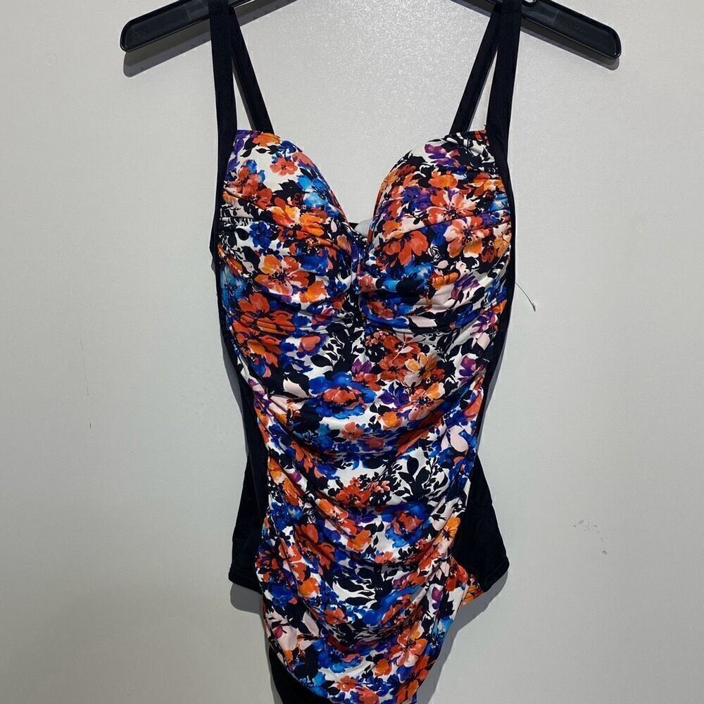 Romenza Targo Womens Floral Ruched One Piece Swimsuit Black Orange Blue XL 10